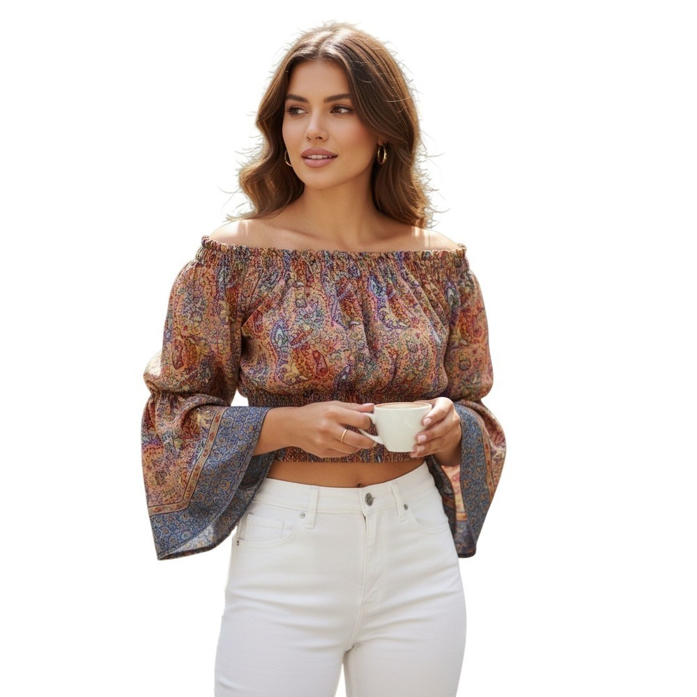 Rhea Niyata Silk Blend Paisley Smocked Crop Top Bell Sleeve Boho NWT Fits S
